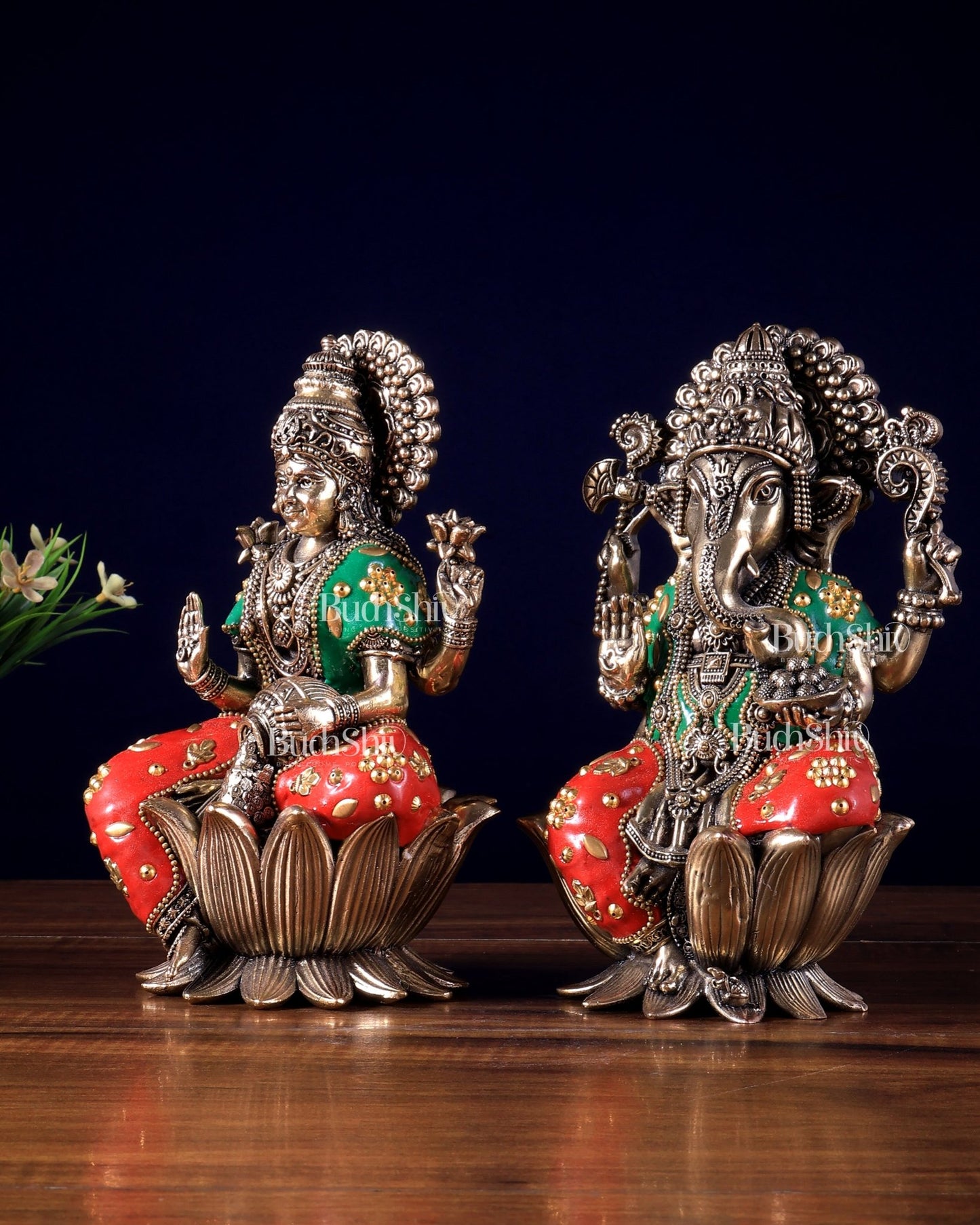 Pure Brass Superfine Ganesha Lakshmi Idol Set – Available in 4, 6 & 8 Inches meenakari - Budhshiv.com