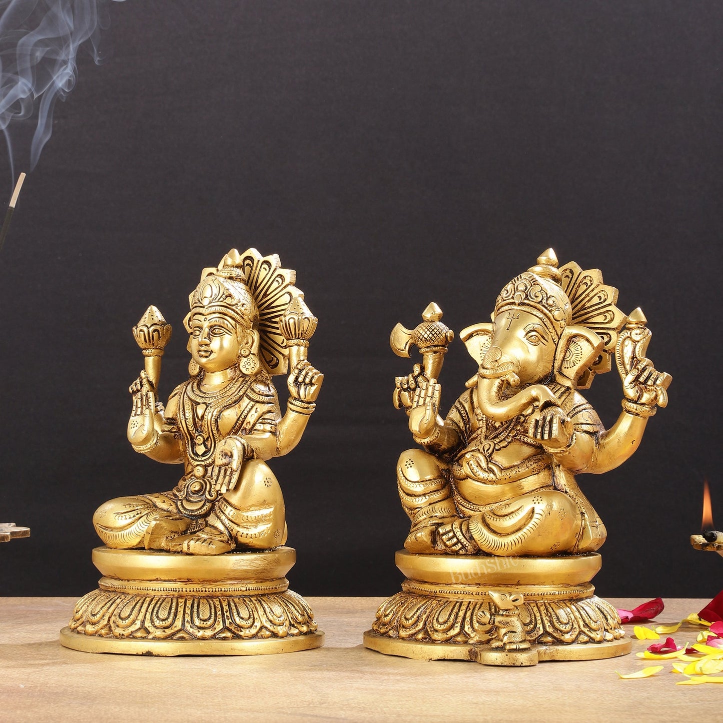 Pure Brass Superfine Ganesha Lakshmi Idols - Exquisite 8 - Inch pair - Budhshiv.com