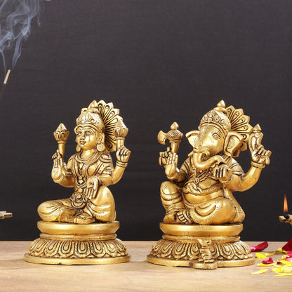 Pure Brass Superfine Ganesha Lakshmi Idols - Exquisite 8 - Inch pair - Budhshiv.com
