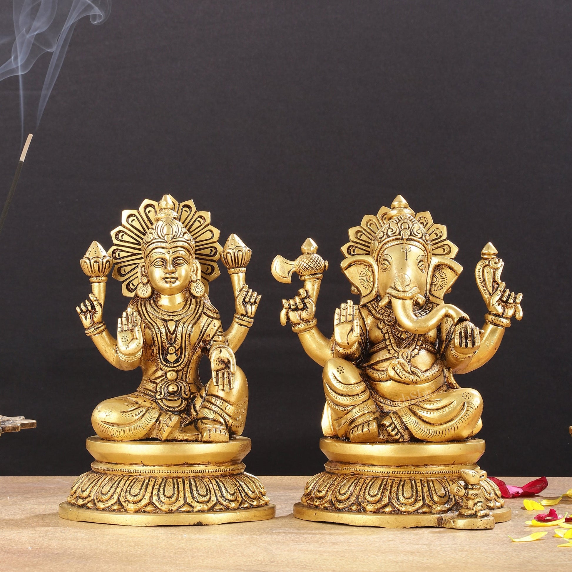 Pure Brass Superfine Ganesha Lakshmi Idols - Exquisite 8 - Inch pair - Budhshiv.com
