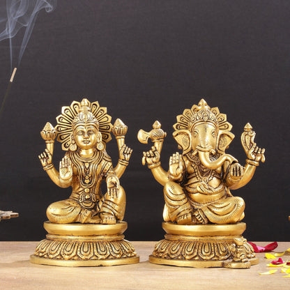 Pure Brass Superfine Ganesha Lakshmi Idols - Exquisite 8 - Inch pair - Budhshiv.com