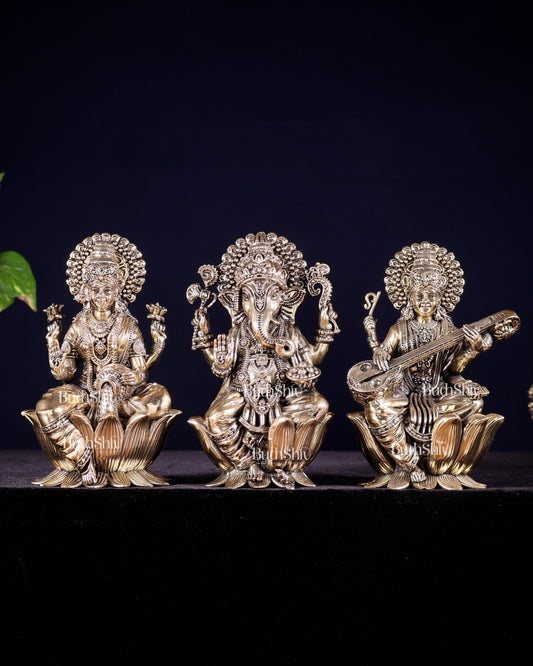Pure Brass Superfine Ganesha Lakshmi Saraswati Idol Set – Available in 4, 6 & 8 Inches - Budhshiv.com