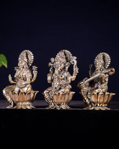 Pure Brass Superfine Ganesha Lakshmi Saraswati Idol Set – Available in 4, 6 & 8 Inches - Budhshiv.com
