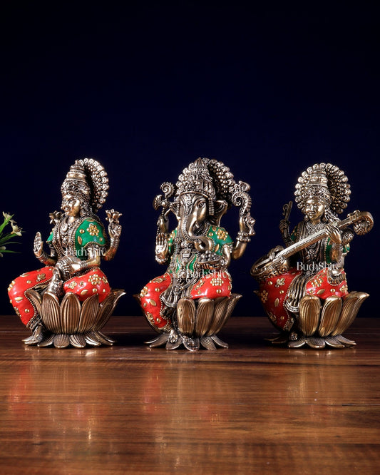 Pure Brass Superfine Ganesha Lakshmi Saraswati Idol Set – Available in 4,5,6 & 8 Inches with meenakari - Budhshiv.com