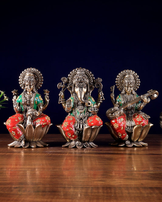 Pure Brass Superfine Ganesha Lakshmi Saraswati Idol Set – Available in 4,5,6 & 8 Inches with meenakari - Budhshiv.com