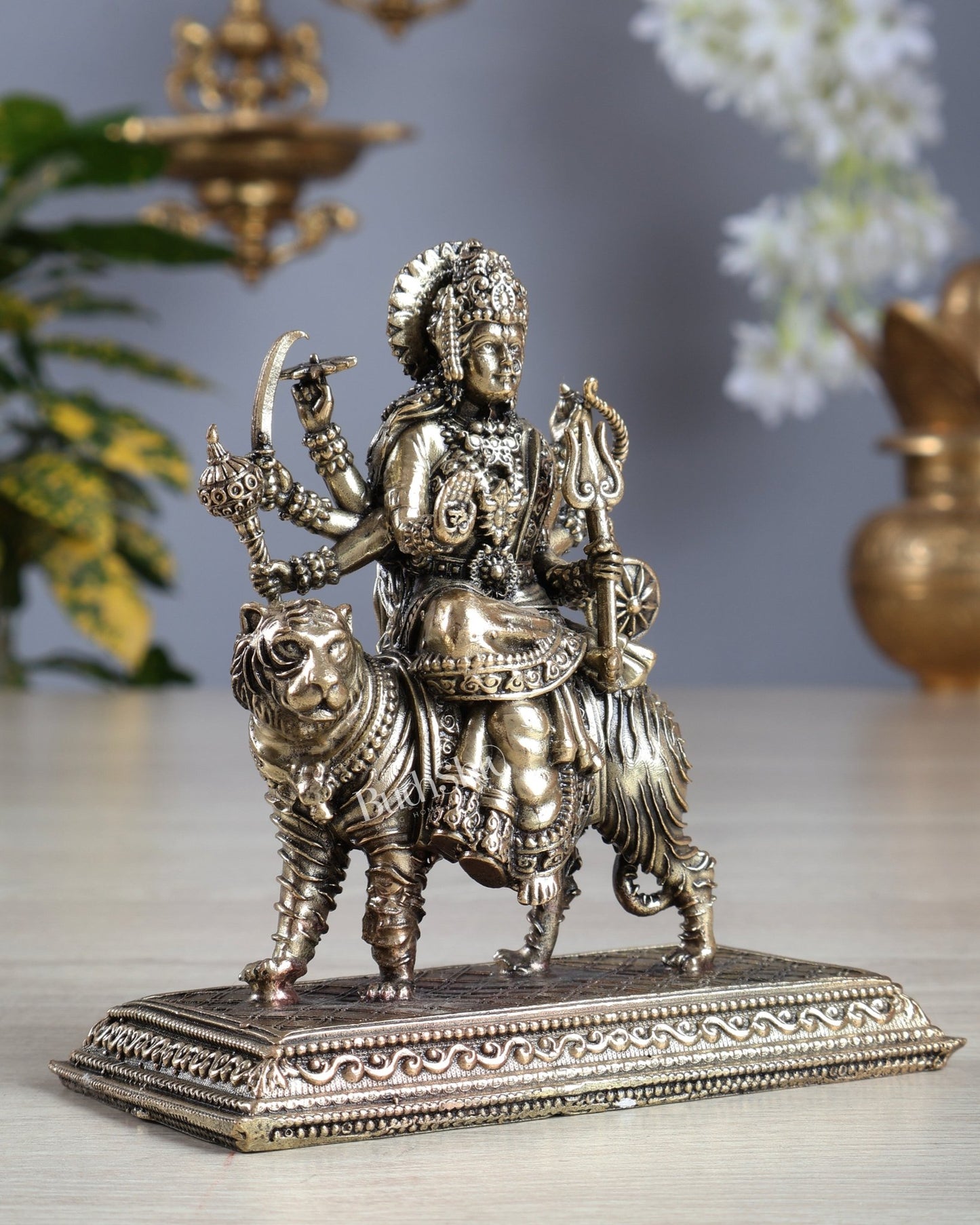 Pure Brass Superfine Goddess Durga on Tiger Idol 4.5 inch - Budhshiv.com