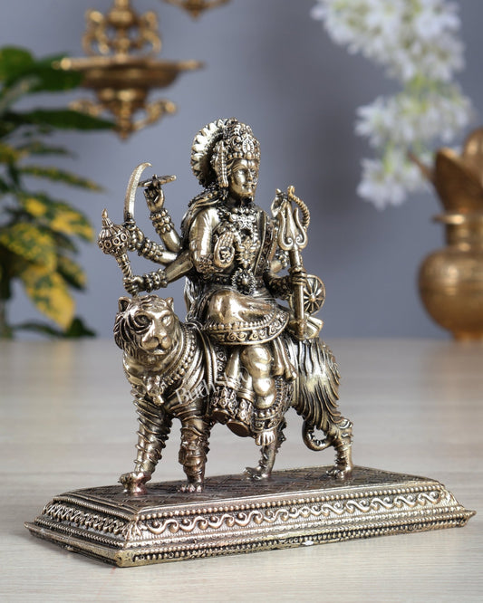 Pure Brass Superfine Goddess Durga on Tiger Idol 4.5 inch - Budhshiv.com