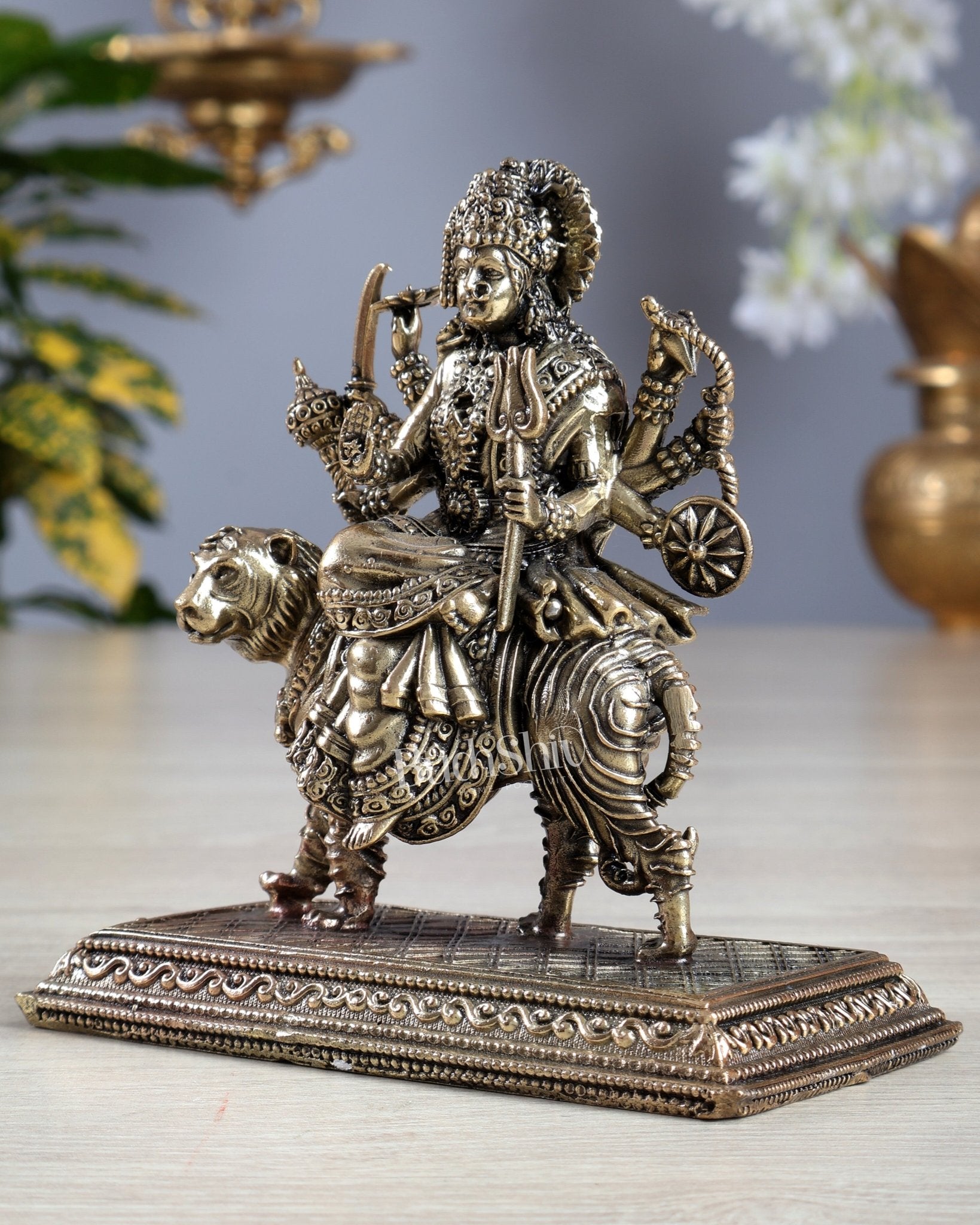 Pure Brass Superfine Goddess Durga on Tiger Idol 4.5 inch - Budhshiv.com