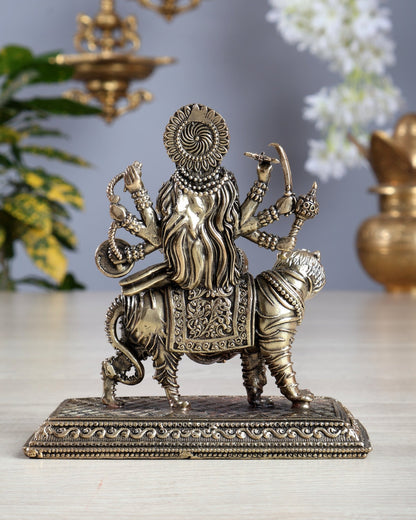 Pure Brass Superfine Goddess Durga on Tiger Idol 4.5 inch - Budhshiv.com