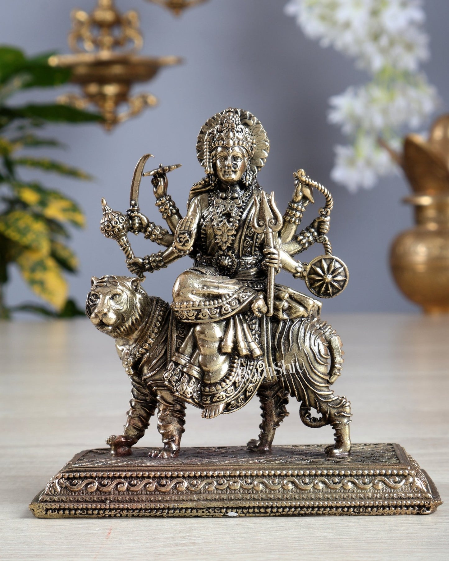 Pure Brass Superfine Goddess Durga on Tiger Idol 4.5 inch - Budhshiv.com