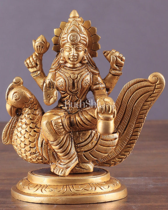 Pure Brass Superfine Goddess Gayatri Sitting on Swan Idol 4.5" - Budhshiv.com