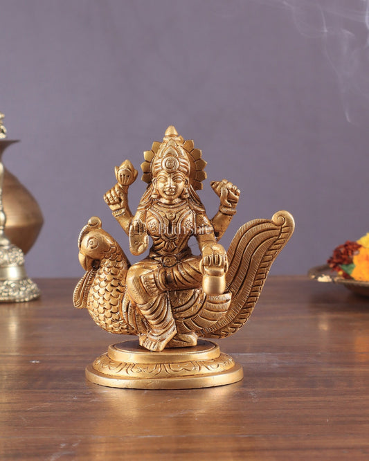 Pure Brass Superfine Goddess Gayatri Sitting on Swan Idol 4.5" - Budhshiv.com