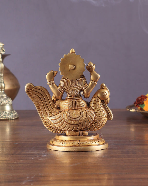 Pure Brass Superfine Goddess Gayatri Sitting on Swan Idol 4.5" - Budhshiv.com