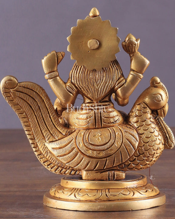 Pure Brass Superfine Goddess Gayatri Sitting on Swan Idol 4.5" - Budhshiv.com