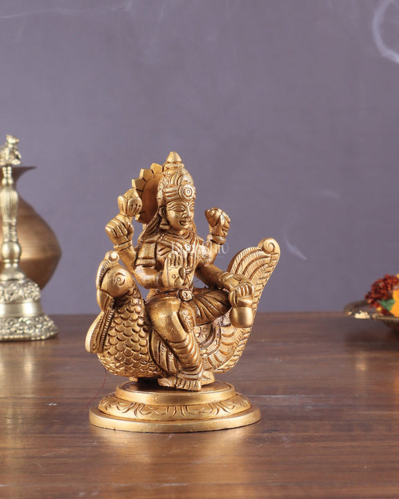 Pure Brass Superfine Goddess Gayatri Sitting on Swan Idol 4.5" - Budhshiv.com