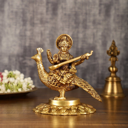 Pure Brass Superfine Goddess Saraswati Sitting on Swan Idol | 6.5 Inch Height | 2 KG - Budhshiv.com