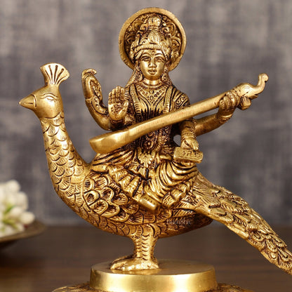 Pure Brass Superfine Goddess Saraswati Sitting on Swan Idol | 6.5 Inch Height | 2 KG - Budhshiv.com