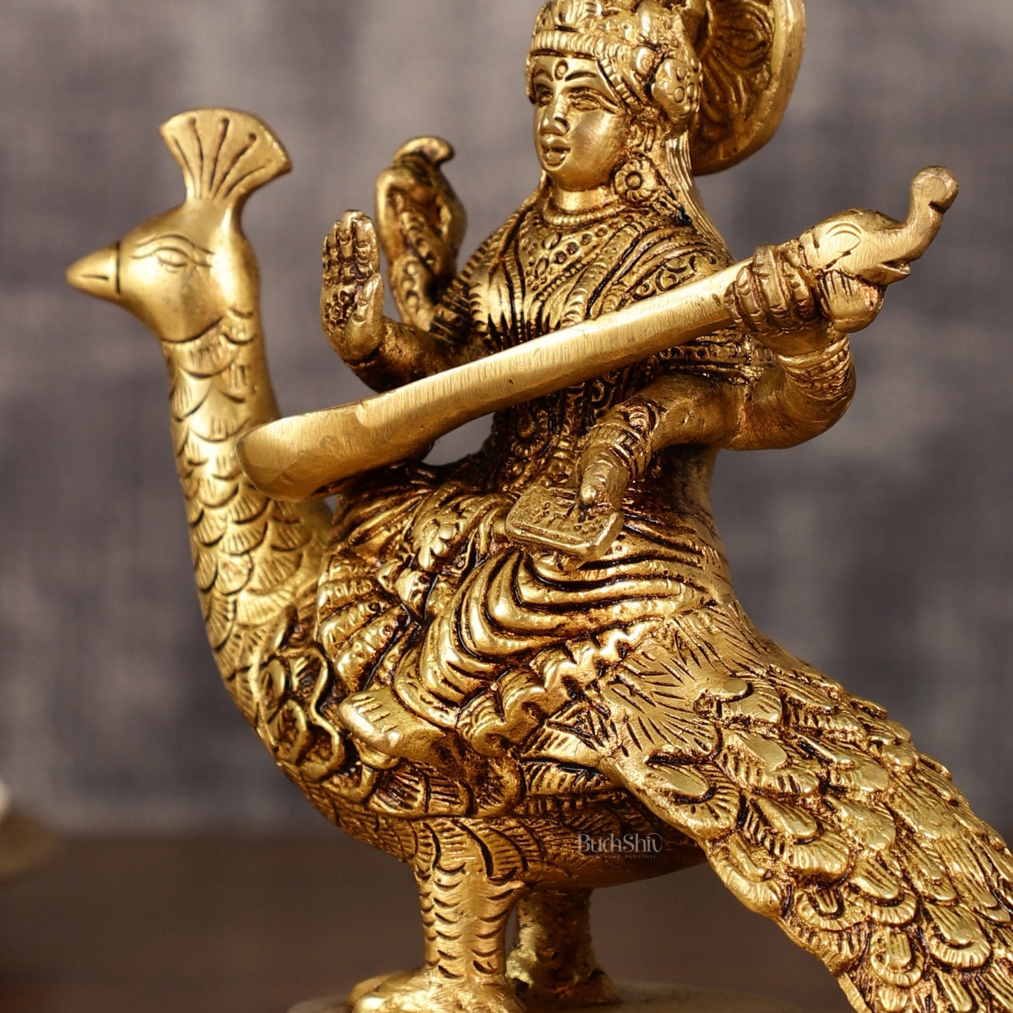 Pure Brass Superfine Goddess Saraswati Sitting on Swan Idol | 6.5 Inch Height | 2 KG - Budhshiv.com