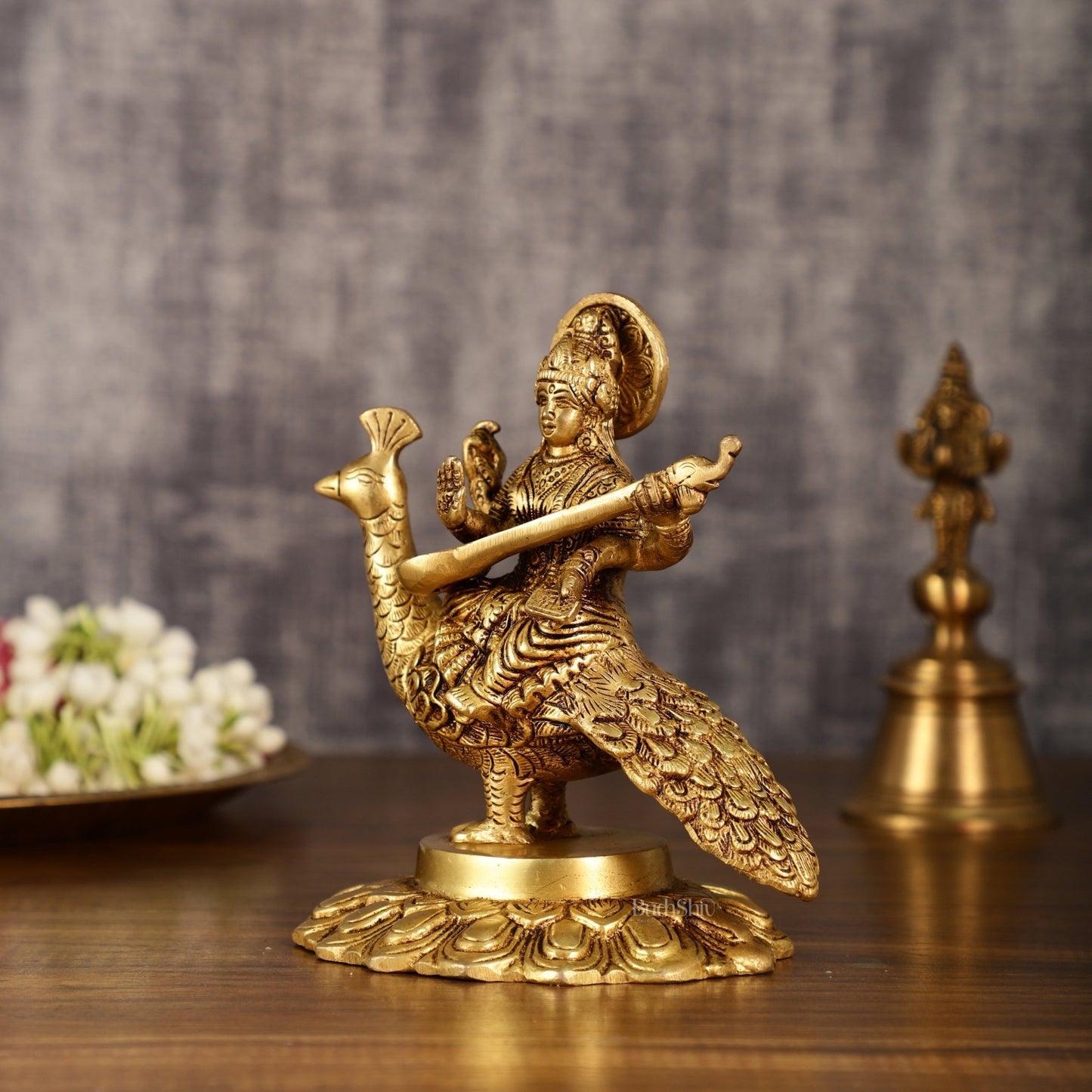 Pure Brass Superfine Goddess Saraswati Sitting on Swan Idol | 6.5 Inch Height | 2 KG - Budhshiv.com