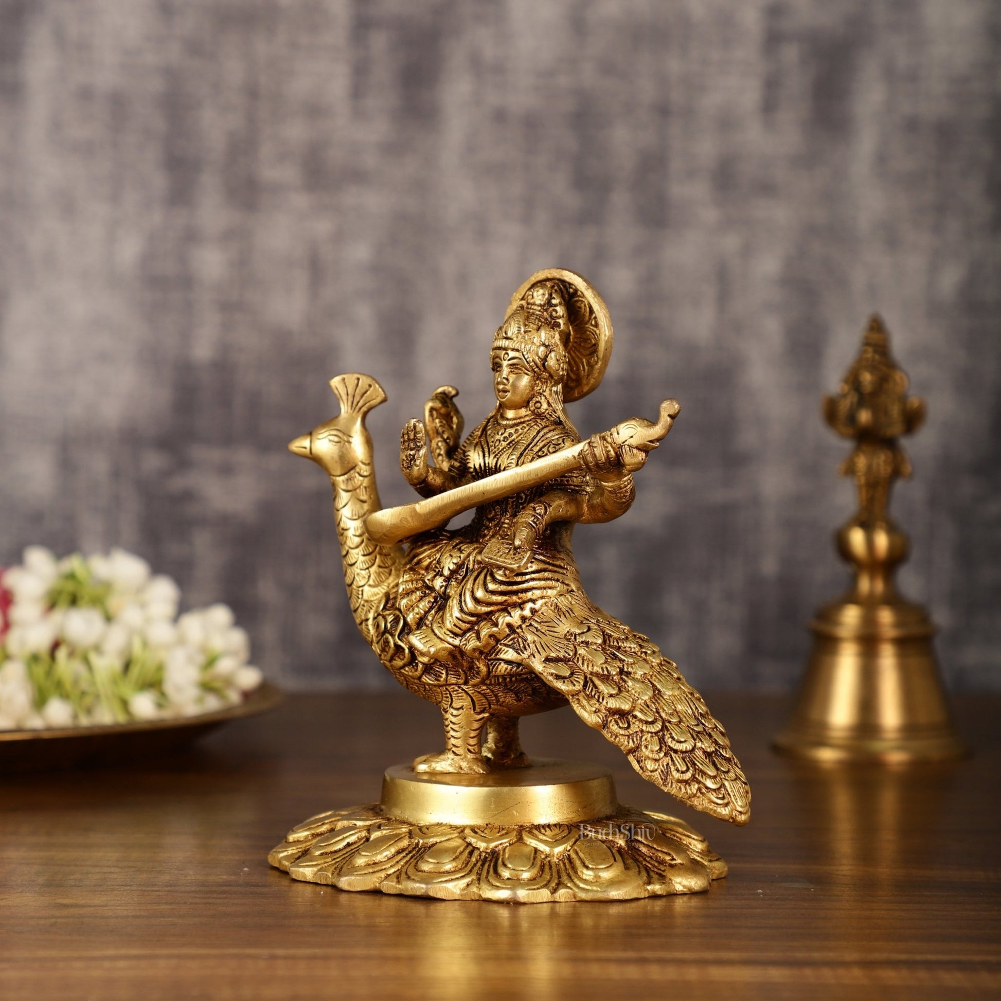 Pure Brass Superfine Goddess Saraswati Sitting on Swan Idol | 6.5 Inch Height | 2 KG - Budhshiv.com
