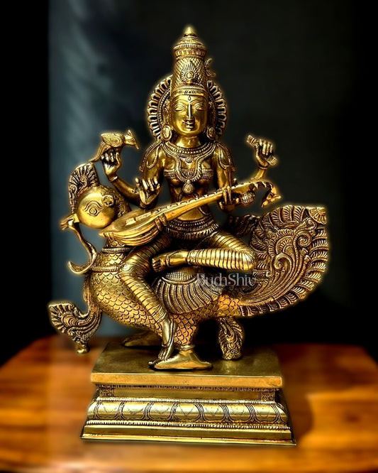 Pure Brass Superfine Goddess Saraswati Statue - 20" Height | - Budhshiv.com