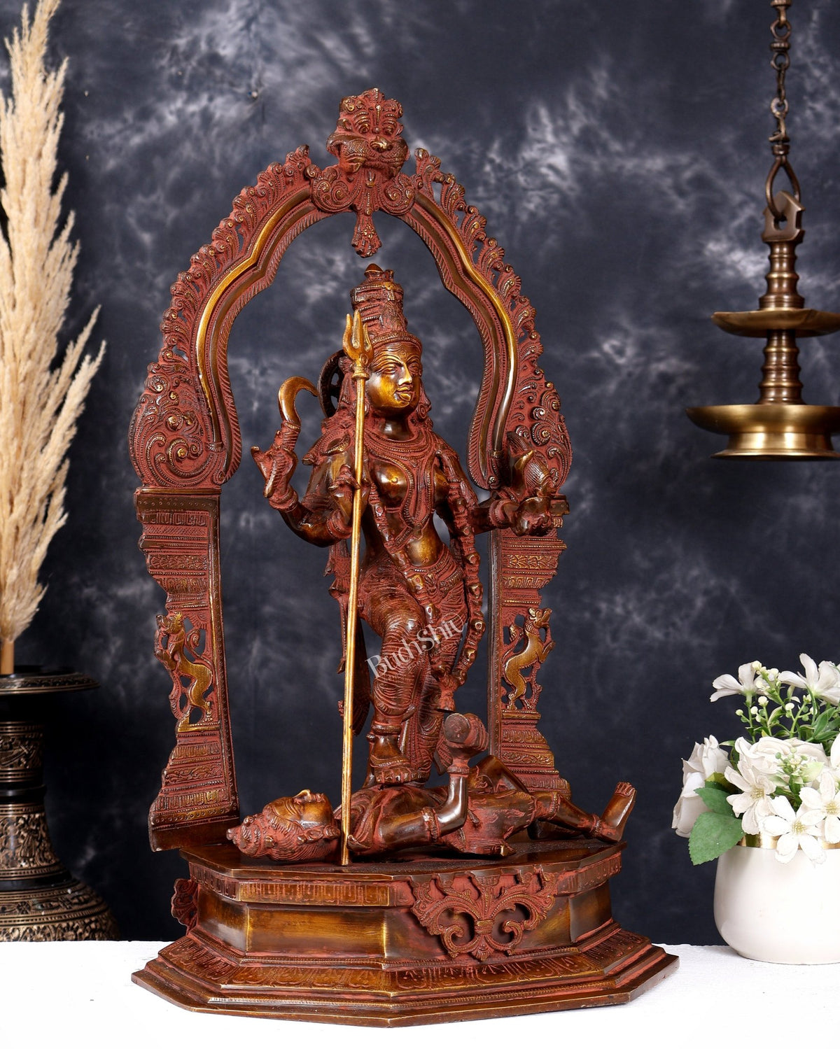 Pure Brass Superfine Handcrafted Goddess bhadra Kali Statue - 22" fiery red tone - Budhshiv.com