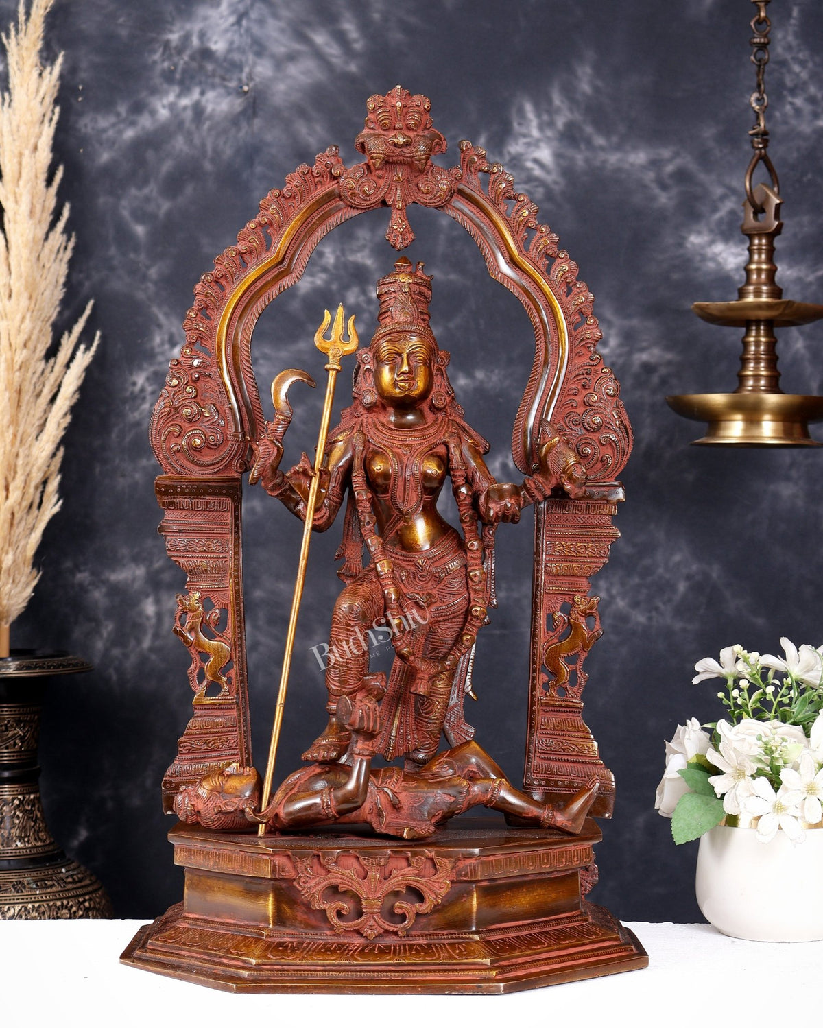 Pure Brass Superfine Handcrafted Goddess bhadra Kali Statue - 22" fiery red tone - Budhshiv.com
