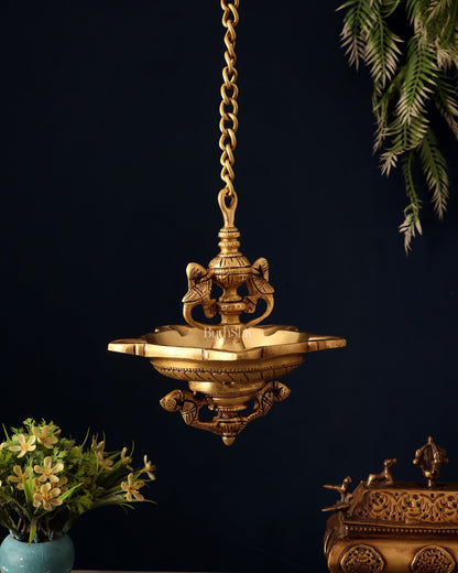 Pure Brass Superfine Hanging Parrot Design Diya Lamp 24" - Budhshiv.com
