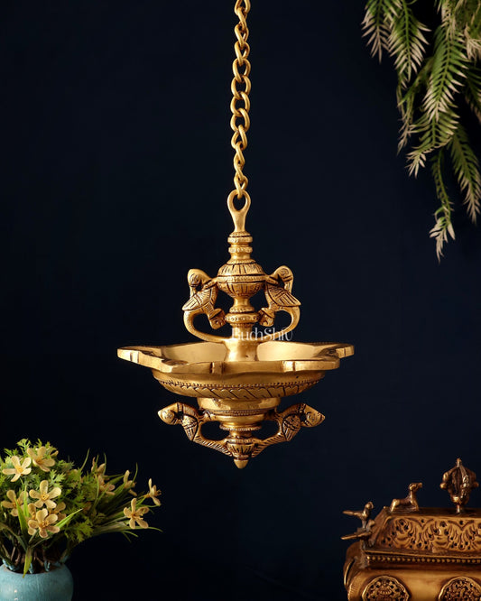 Pure Brass Superfine Hanging Parrot Design Diya Lamp 24" - Budhshiv.com