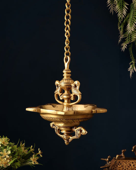 Pure Brass Superfine Hanging Parrot Design Diya Lamp 24" - Budhshiv.com