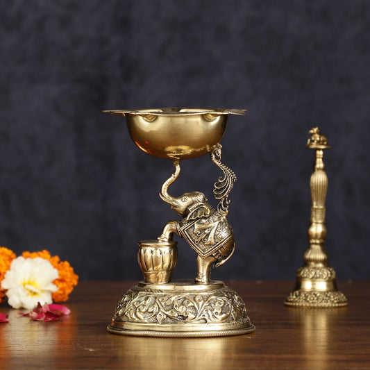 Pure Brass Superfine Intricate Jumping Elephant Oil Lamp - Lightweight, 5" Tall - Budhshiv.com