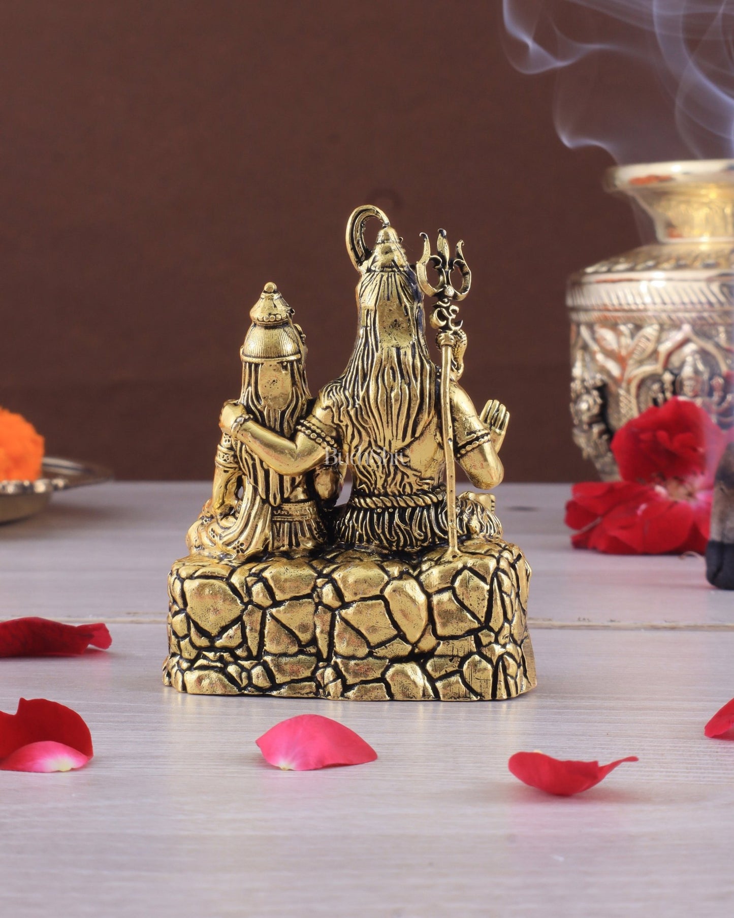 Pure Brass Superfine Intricate Shiv Parvati Idol - 5" Tall golden tone - Budhshiv.com