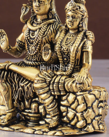 Pure Brass Superfine Intricate Shiv Parvati Idol - 5" Tall golden tone - Budhshiv.com