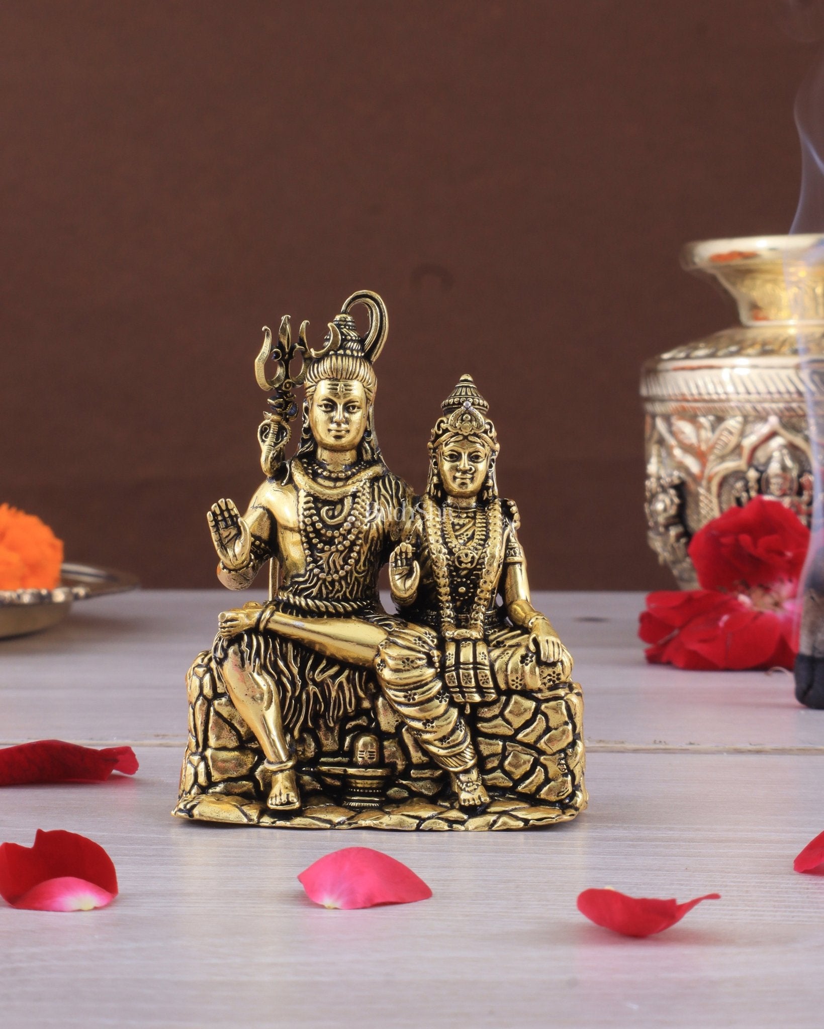 Pure Brass Superfine Intricate Shiv Parvati Idol - 5" Tall golden tone - Budhshiv.com