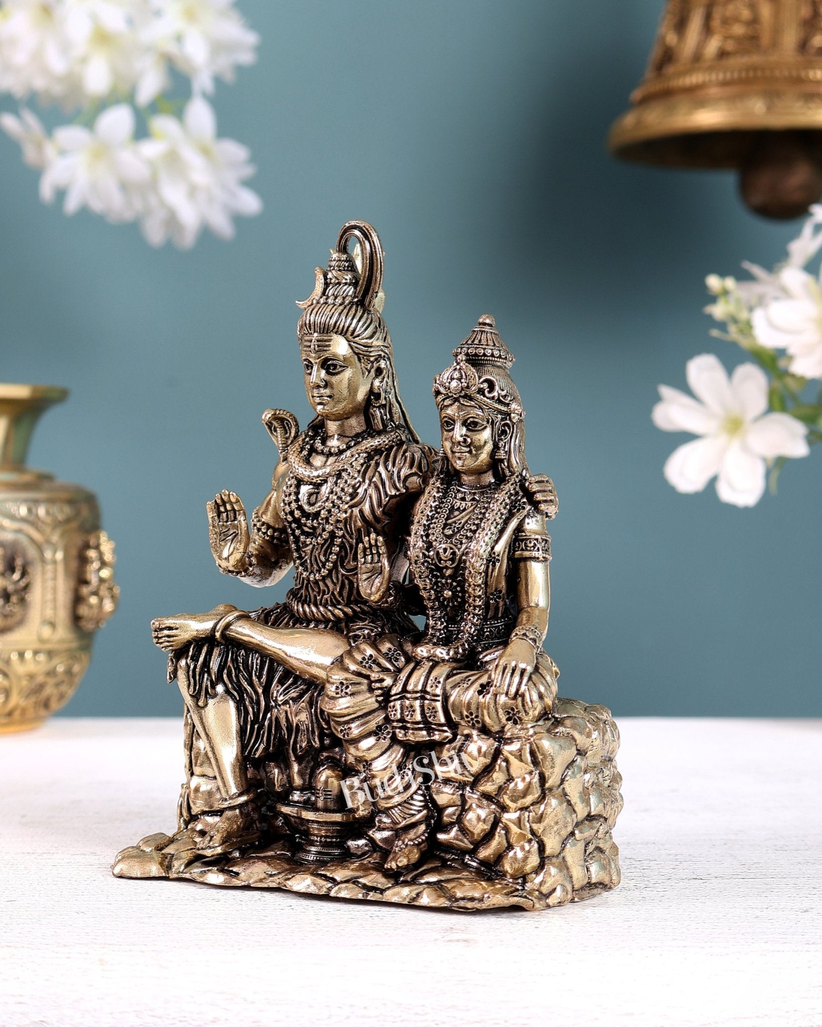 Pure Brass Superfine Intricate Shiv Parvati Idol - 5" Tall - Budhshiv.com