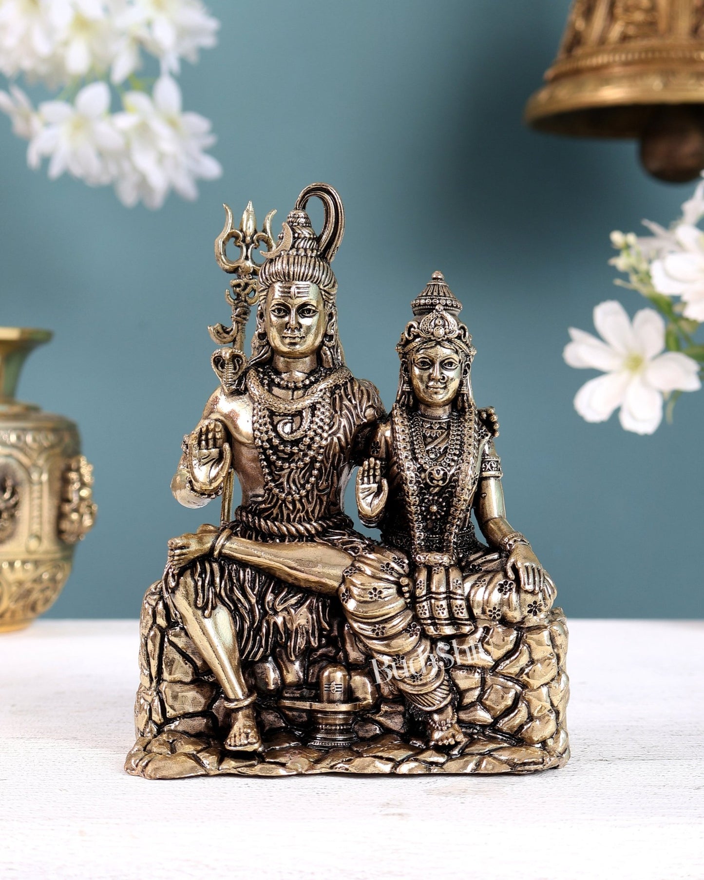 Pure Brass Superfine Intricate Shiv Parvati Idol - 5" Tall - Budhshiv.com