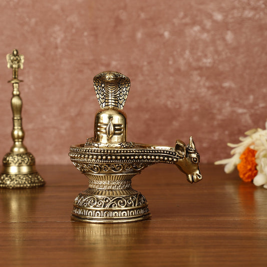Pure Brass Superfine Intricate Shivling with Nandi Face - 4" Tall - Budhshiv.com