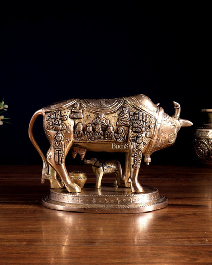 Pure Brass Superfine Kamadhenu Cow with Calf | Bleeding Brass Finish 6.5 inch - Budhshiv.com