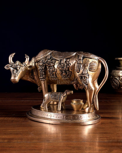 Pure Brass Superfine Kamadhenu Cow with Calf | Bleeding Brass Finish 6.5 inch - Budhshiv.com