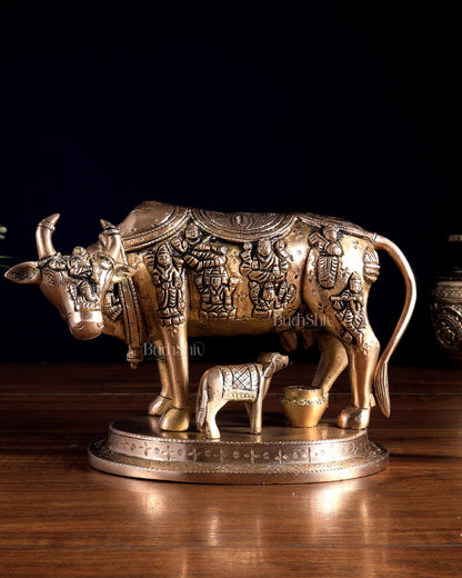 Pure Brass Superfine Kamadhenu Cow with Calf | Bleeding Brass Finish 6.5 inch - Budhshiv.com