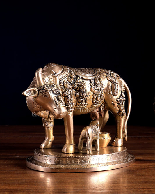Pure Brass Superfine Kamadhenu Cow with Calf | Bleeding Brass Finish 6.5 inch - Budhshiv.com