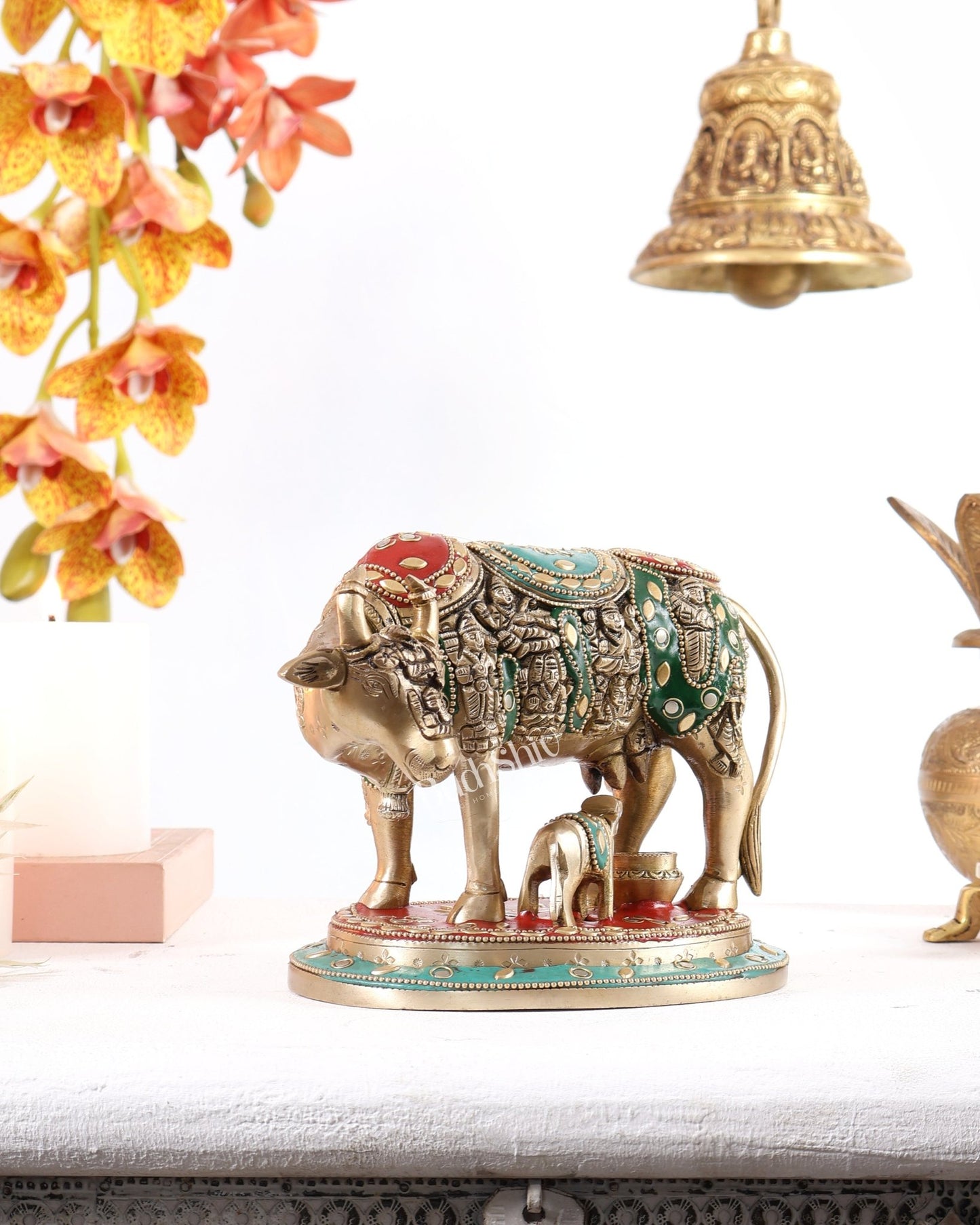 Pure Brass Superfine Kamadhenu Cow with Calf meenakari 6.5 inch - Budhshiv.com