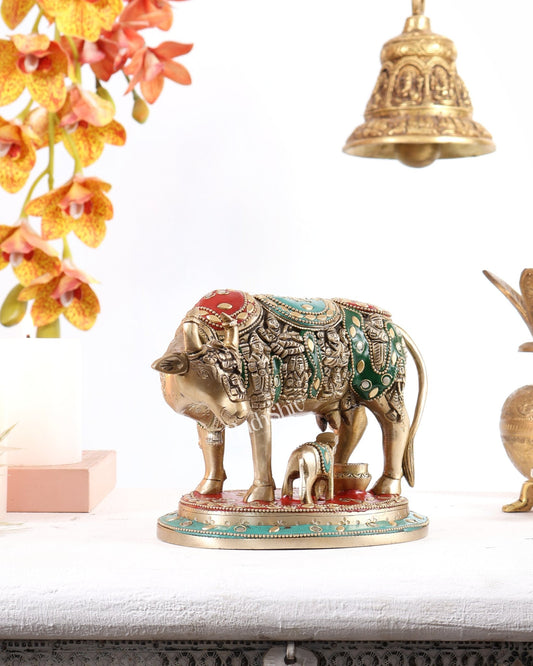 Pure Brass Superfine Kamadhenu Cow with Calf meenakari 6.5 inch - Budhshiv.com