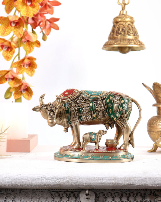 Pure Brass Superfine Kamadhenu Cow with Calf meenakari 6.5 inch - Budhshiv.com