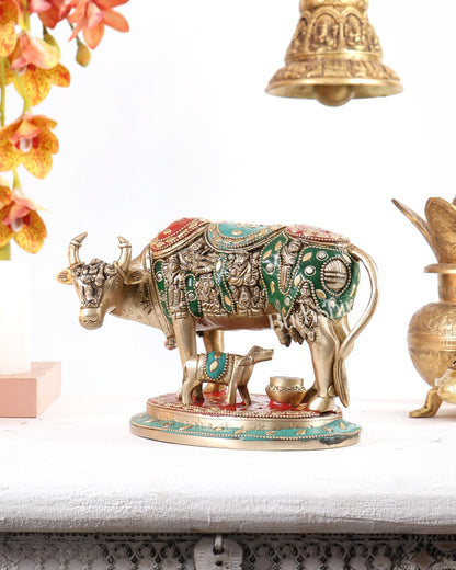 Pure Brass Superfine Kamadhenu Cow with Calf meenakari 6.5 inch - Budhshiv.com