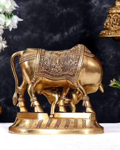Pure Brass Superfine Kamdhenu Cow with Calf - 10 inch enhanced carvings - Budhshiv.com