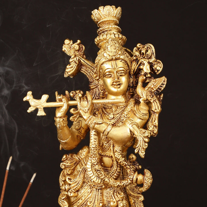 Pure Brass Superfine Krishna Idol on Lotus - 14" Elegant Sculpture - Budhshiv.com