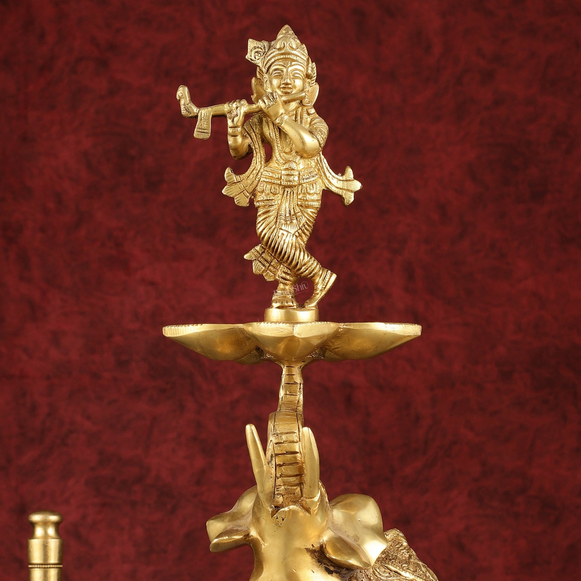 Pure Brass Superfine Krishna on jumping Elephant Oil Lamp/Vilakku - 16" - Budhshiv.com