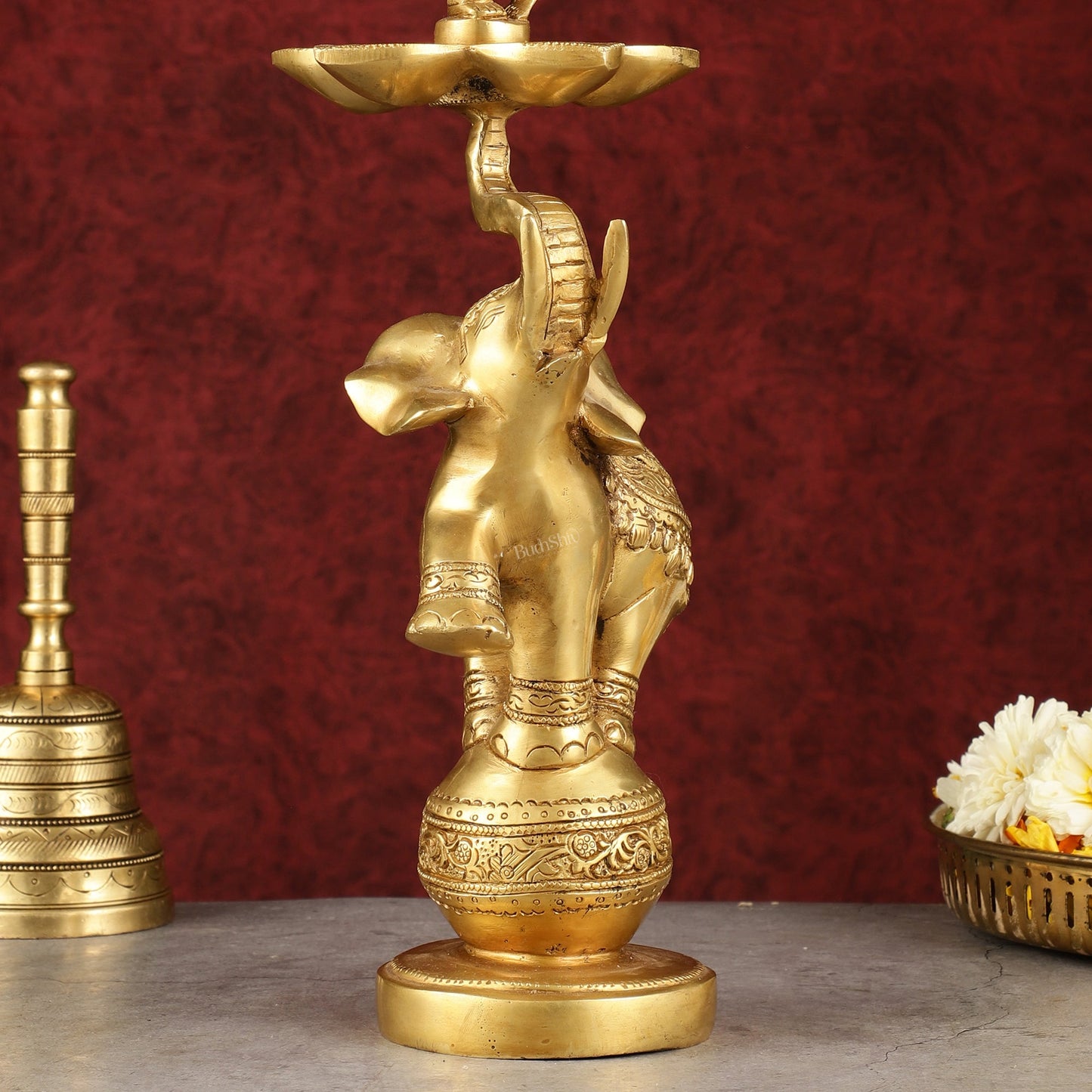 Pure Brass Superfine Krishna on jumping Elephant Oil Lamp/Vilakku - 16" - Budhshiv.com