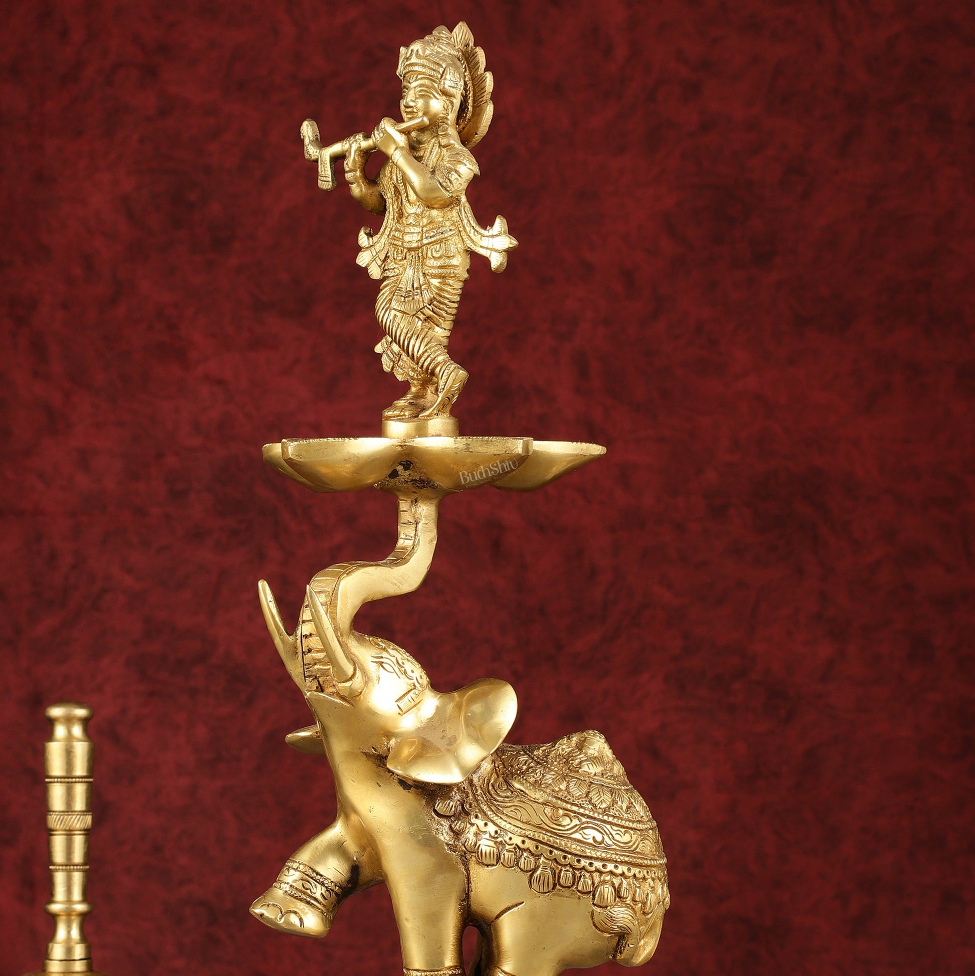 Pure Brass Superfine Krishna on jumping Elephant Oil Lamp/Vilakku - 16" - Budhshiv.com
